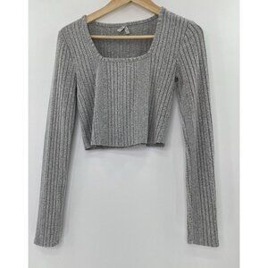 Mudd Heathered Gray Ribbed Soft Square Neck DIY Cropped‎ Sweater Size S, Y2K
